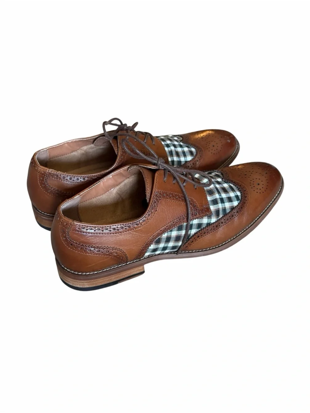 NWOT.Stacy Adams, Dutton Wingtip,Brown Leather/ Black & White Plaid.MEN SIZE 11!